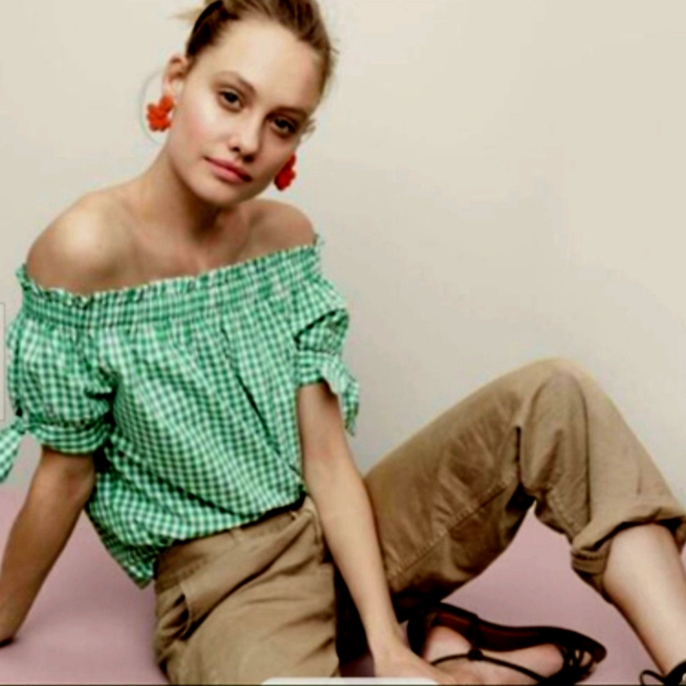 J. Crew Green Gingham Off-Shoulder Top